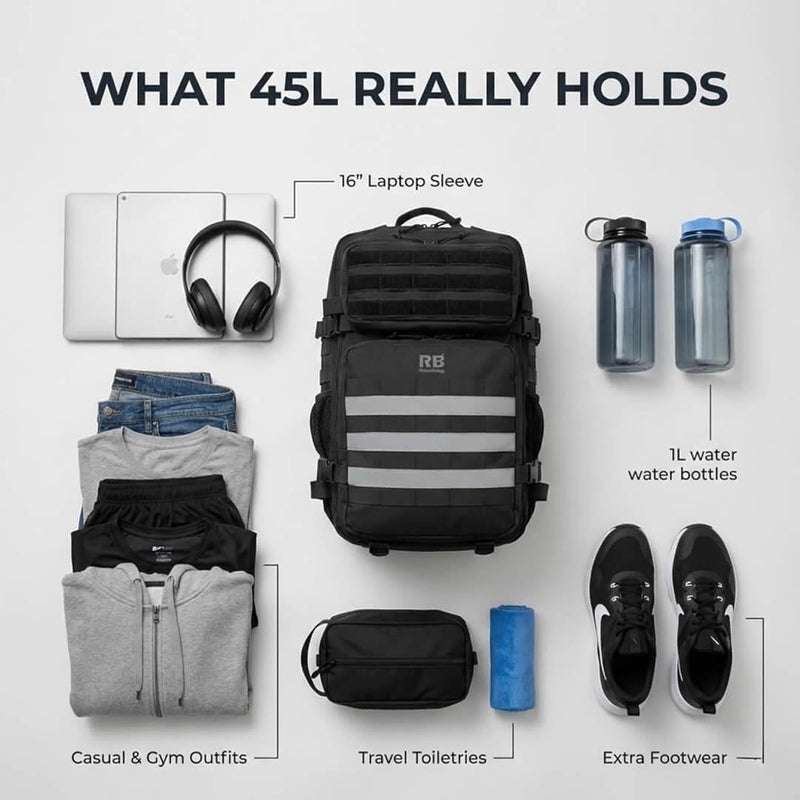 Load image into Gallery viewer, Large 45L multipurpose Black backpack with lots of space.