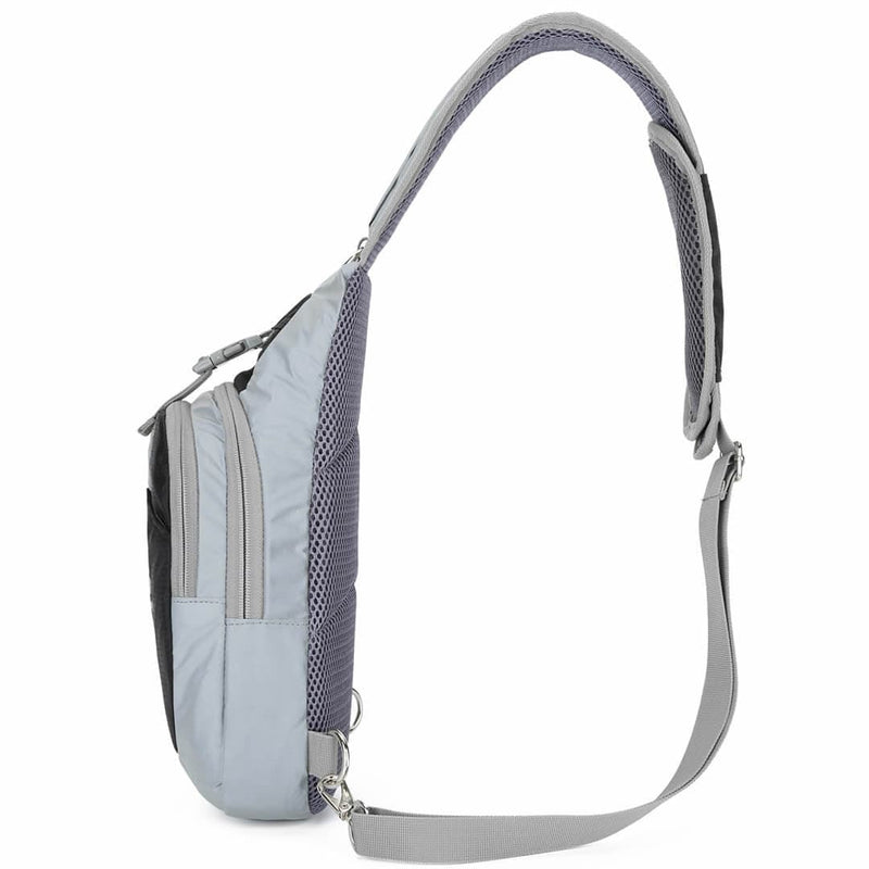 Load image into Gallery viewer, Back panel of the Riderbag sling bag showing the padded mesh spine pad and the left and right strap D-rings