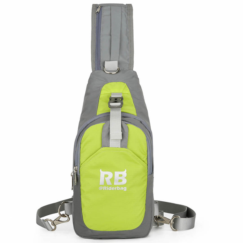 Laden Sie das Bild in Galerie -Viewer, Riderbag hi-vis green sling bag, front view, neon green pocket panel with the RB logo and grey trim