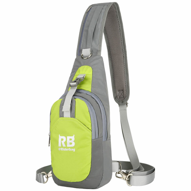 Laden Sie das Bild in Galerie -Viewer, Riderbag hi-vis green reflective sling bag, front three-quarter view, neon green panel on a grey shell with padded mesh strap