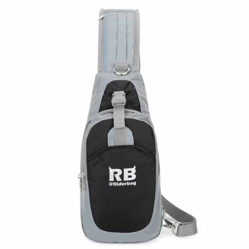 Load image into Gallery viewer, Riderbag reflective crossbody sling bag, front view with the adjustable shoulder strap extended alongside it