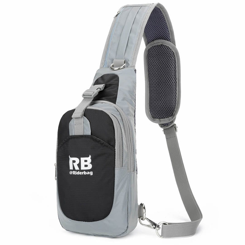 Load image into Gallery viewer, Riderbag black reflective sling bag, front view, showing the black zip panel, grey shell and padded mesh shoulder strap