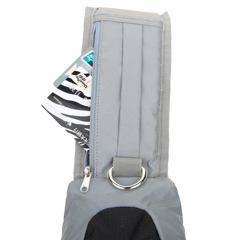 Load image into Gallery viewer, Close-up of the hidden internal zippered security pocket on the Riderbag sling bag, holding ID and credit cards