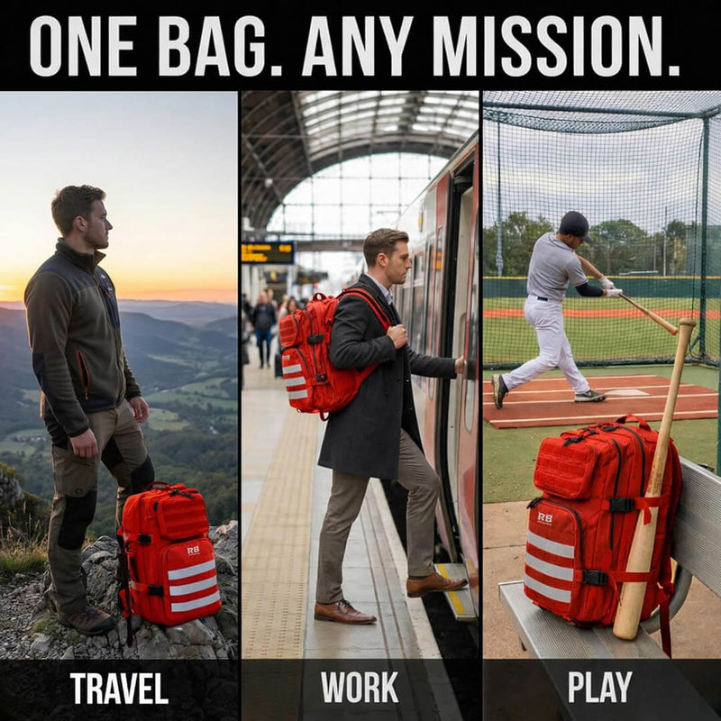 Cargue la imagen en el visor de la galería, Red backpack used for travel, work, and play with lifestyle images.

