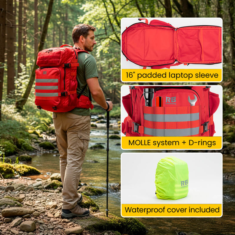 Load image into Gallery viewer, 45l tactical backpack, red hiking, commuter, and outdoor bag
