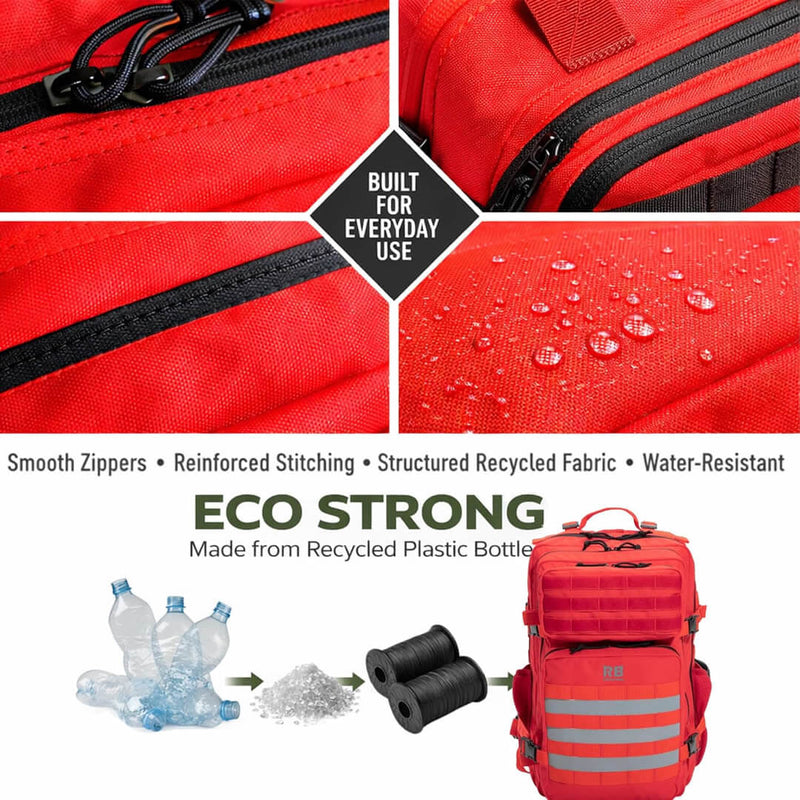 Cargue la imagen en el visor de la galería, Red backpack with eco-friendly features and recycled plastic bottle illustration.
