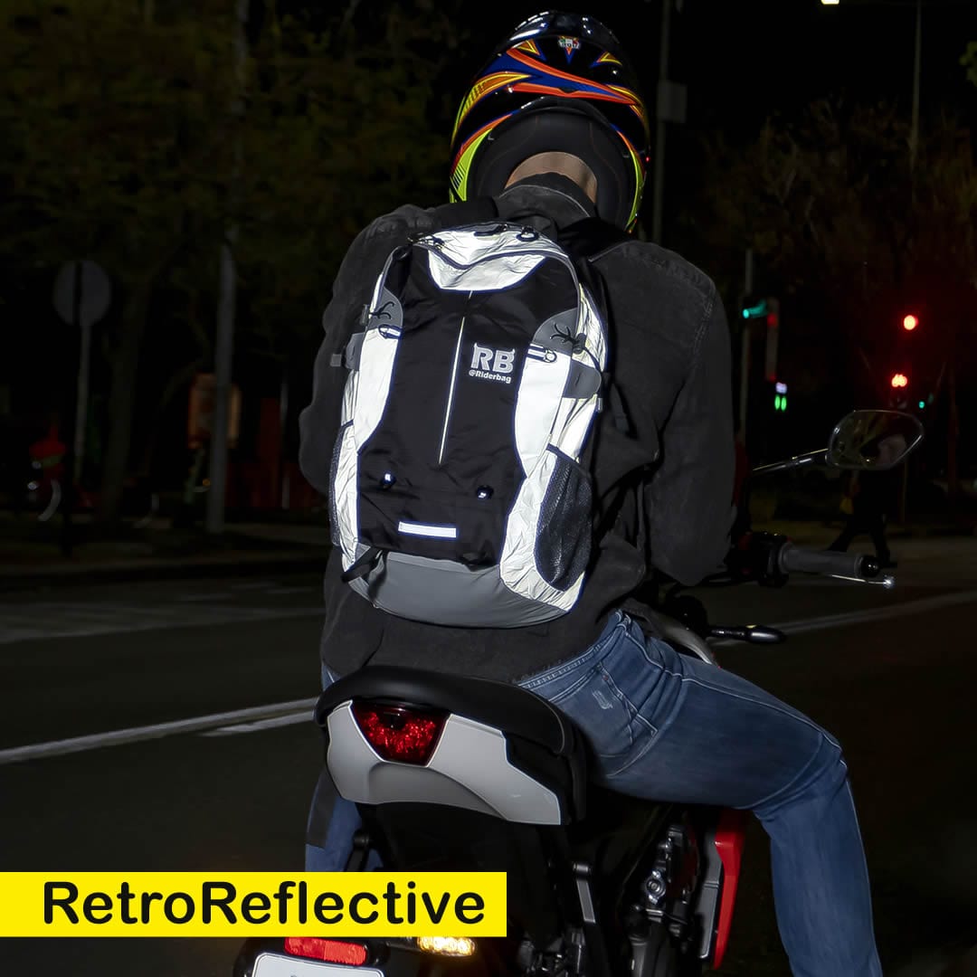 Black reflective motorcycle backpack - Retroreflective