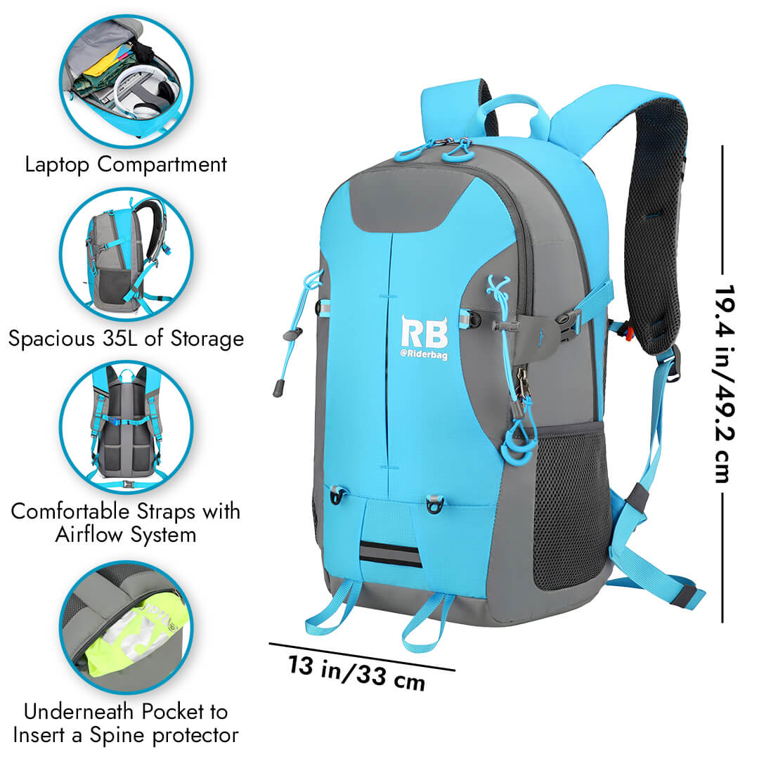 teal backpack, blue backpack
