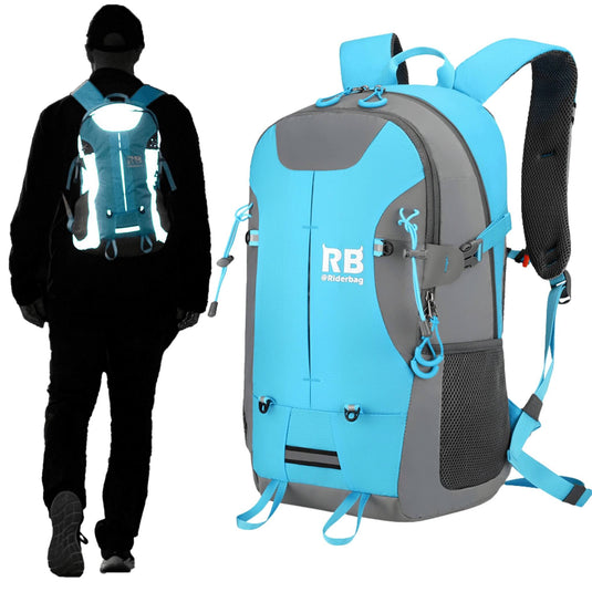 A light blue and gray backpack shown on a plain white background, alongside a person wearing a reflective safety backpack. The main product is the light blue and gray backpack with the brand logo 'RB Riderbag' printed on the front.