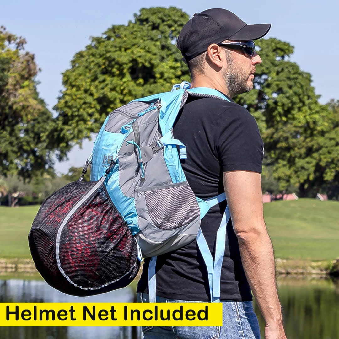 helmet backpack, helmet carry, helmet net, rider bag