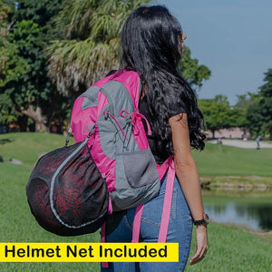 female biker wearing a helmet backpack riderbag