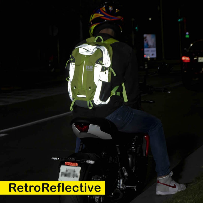 Load image into Gallery viewer, High Visibility Reflective Motorcycle Backpack at night
