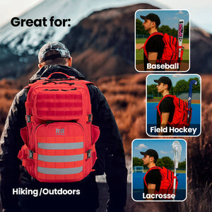 Person wearing a red tactical backpack with outdoor and lacrosse, baseball, and hockey bag