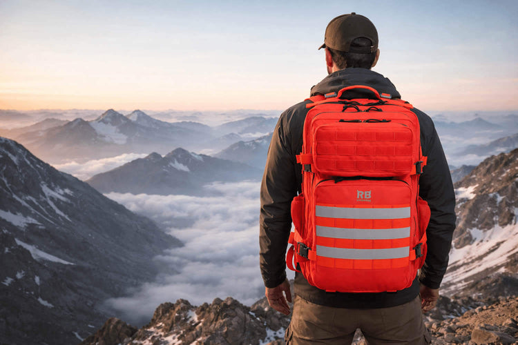 Hiker with a red 45l riderbag backpack overlooking snow-covered mountains