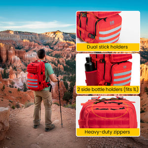 large hiking backpack, 45 liter, red outdoor rucksack