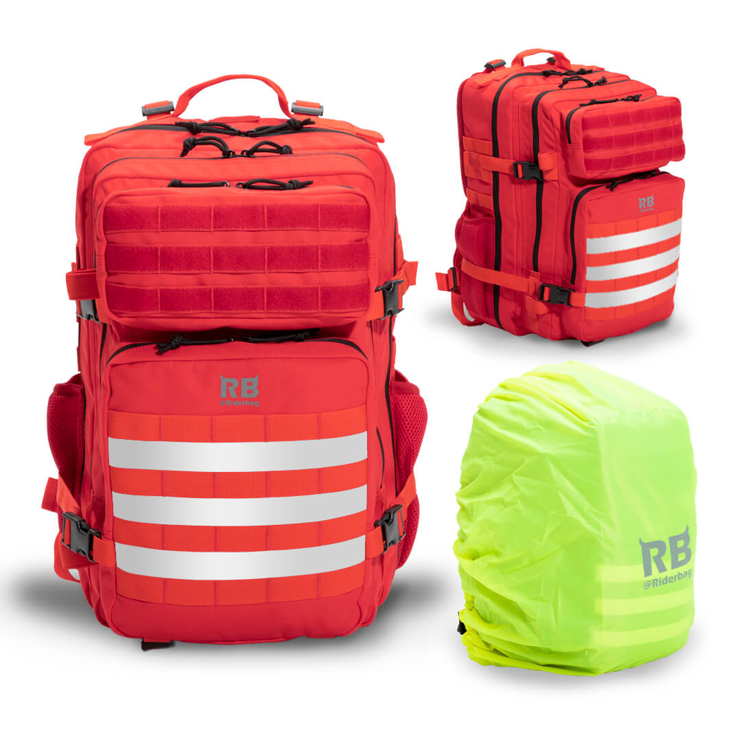 red 45L tactical backpack, riderbag