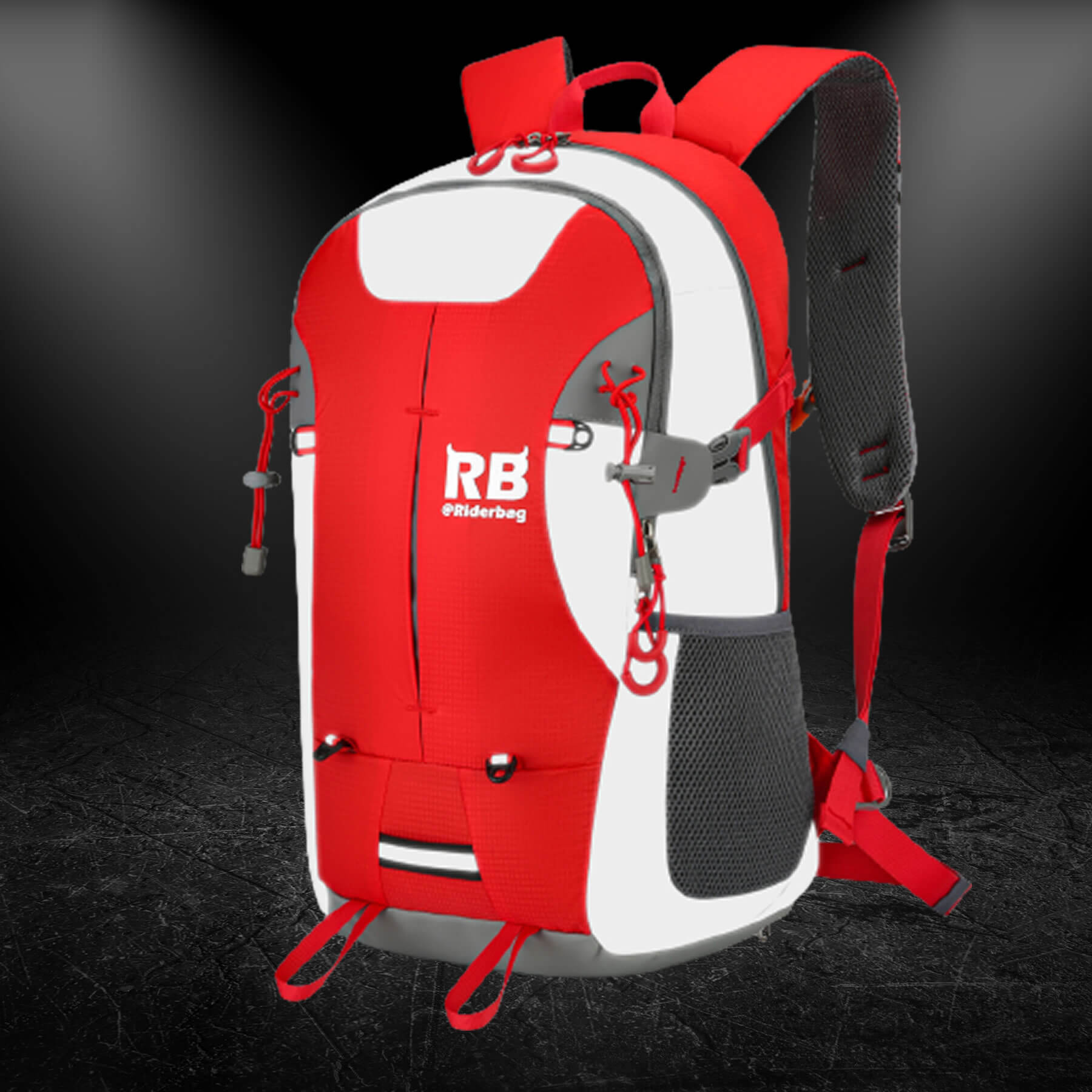 red backpack, reflective backpack, rider bag