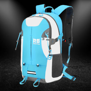 teal backpack, blue backpack, reflective backpack