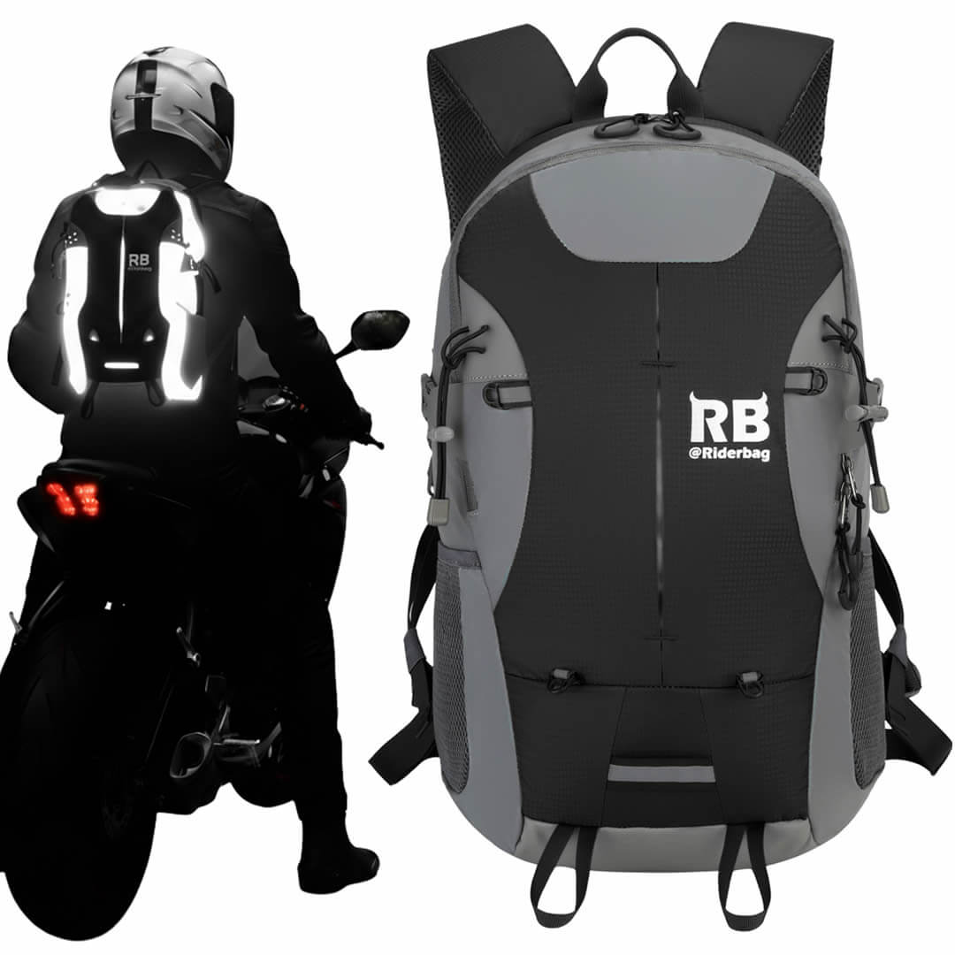 Motorcycle rider with reflective backpack and riderbag bag