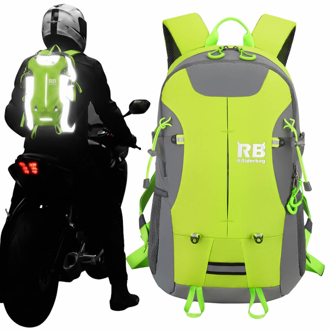 backpack that holds motorcycle helmet Riderbag High Visibility Reflective Backpack |Riderbag Reflektor35, Adult Unisex, Size: 35 Large, Green
