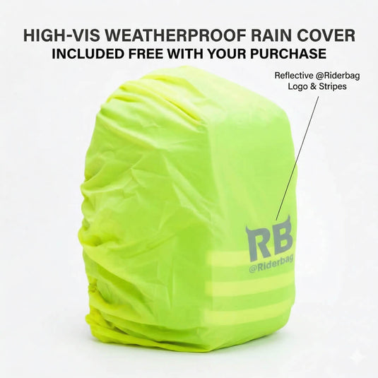 High-visibility weatherproof rain cover with reflective logo