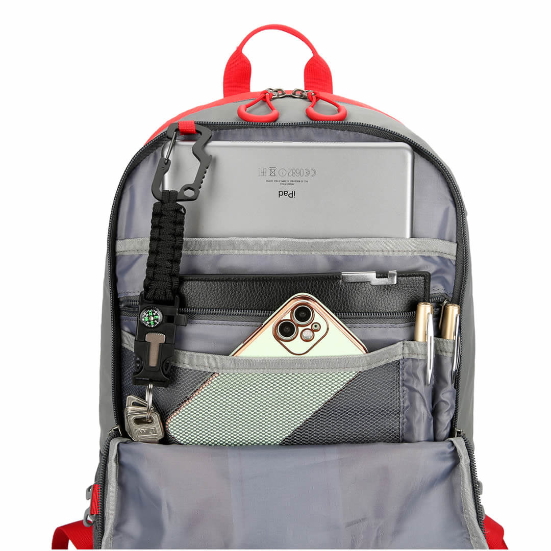 Open View of Red Reflective Backpack Holding Devices