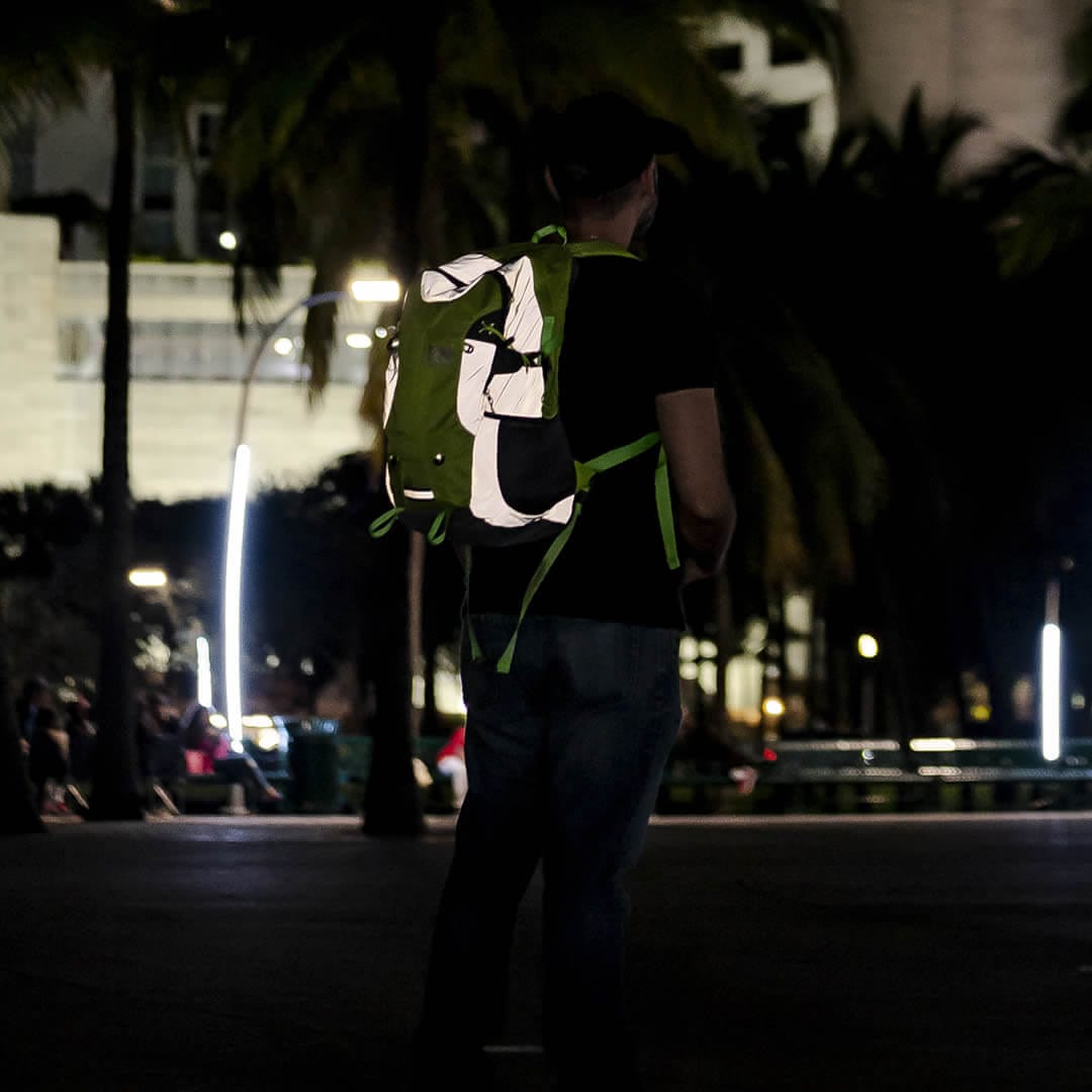 High Visibility Reflective Motorcycle Backpack at night 