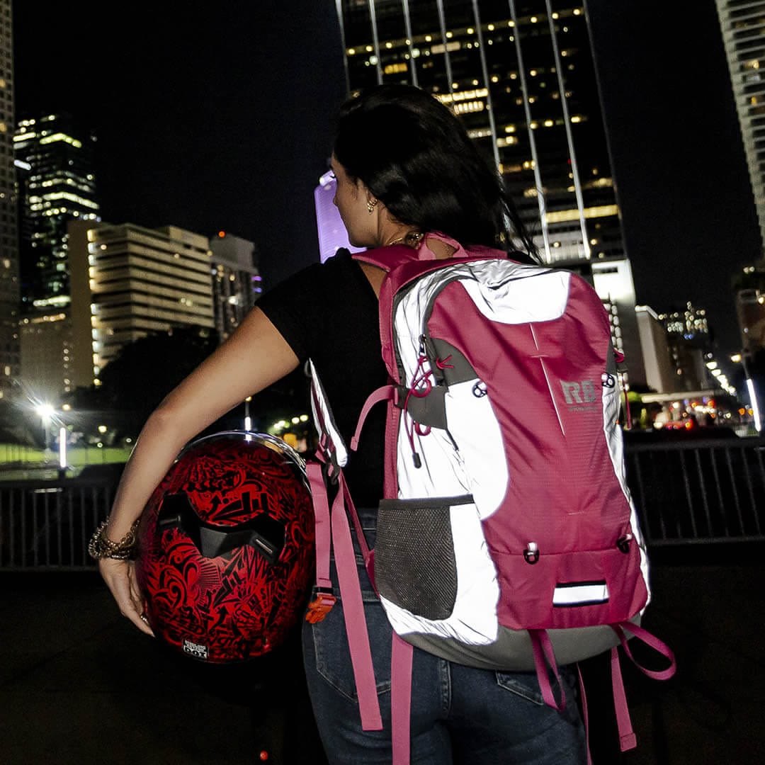 women backpack, pink bag, reflective backpack at night